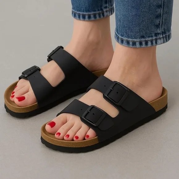 Cushionaire Shoes Cushionaire Black Double Strap Womens